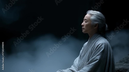 An Eastern Sage Meditating in a Misty Cloud