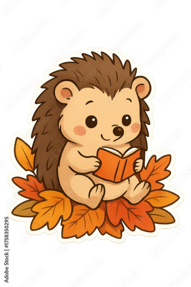 Fototapeta premium Cute hedgehog reading a book on autumn leaves sticker with transparent background