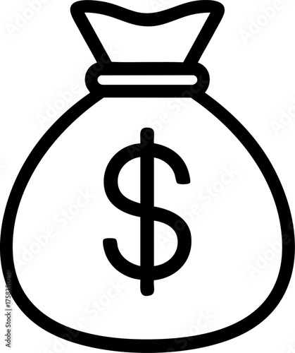 A simple line graphic of a money bag with a dollar sign on it against a white background space