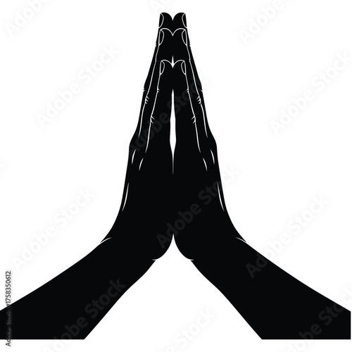 Silhouette of two hands pressed together in a praying or namaste gesture on white background