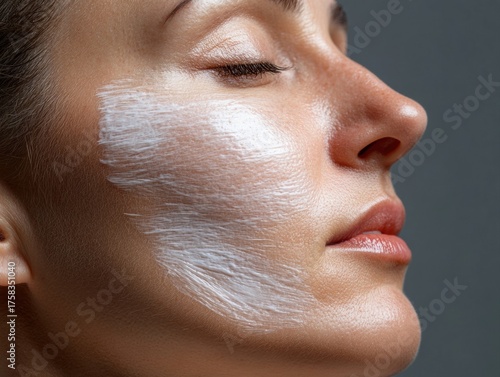 Young woman applying cream to face in studio setting