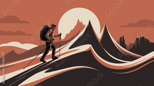 A hiker with a backpack ascends a mountain at sunset using trekking poles for support and balance outdoors