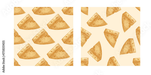 Hand drawn vintage seamless pattern of cheese wedge in two color versions isolated dairy food engraving vector illustration