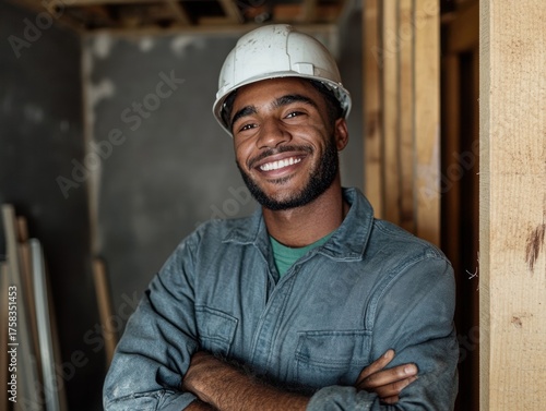 Happy young man in hard hat at construction site indoors
