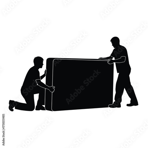 Two men in silhouette moving a large rectangular object on a white background in monochrome style