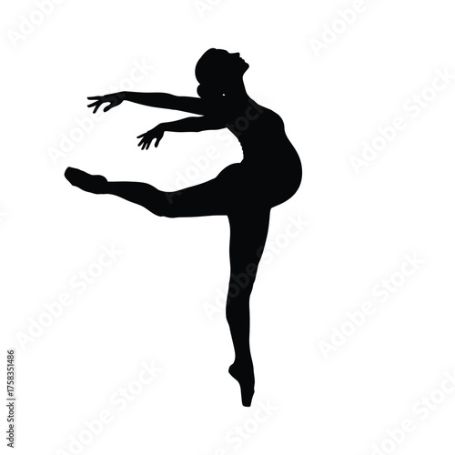 Silhouette of a pregnant woman in a ballet pose with one leg extended and arms raised gracefully