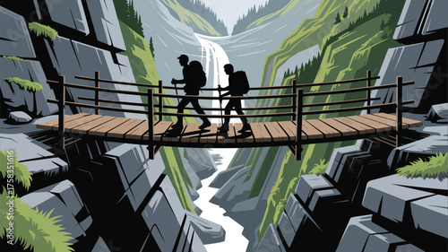 Two hikers cross a rope bridge over a deep gorge with a waterfall in the distance in a cartoon style