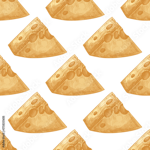 Hand drawn vintage seamless pattern of triangular hole cheese slice in yellow color isolated dairy food vector illustration