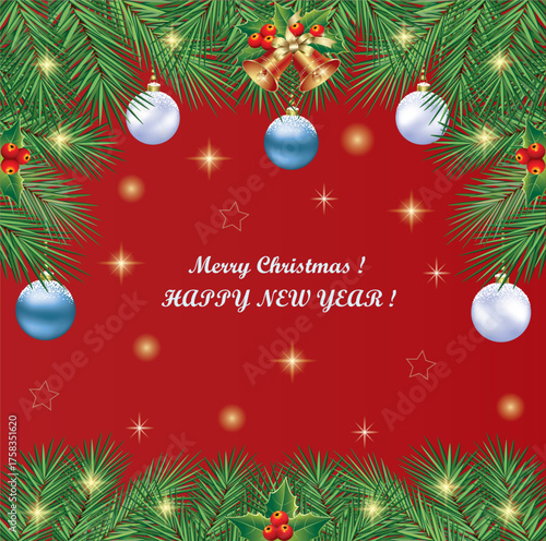 Merry Christmas 2026. Festive background with Christmas tree balls, fir branches and bells for greeting cards, posters, and holiday New Year design. Vector illustration.
