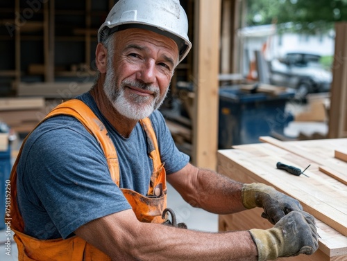 Happy mature man working with wood at outdoor construction site