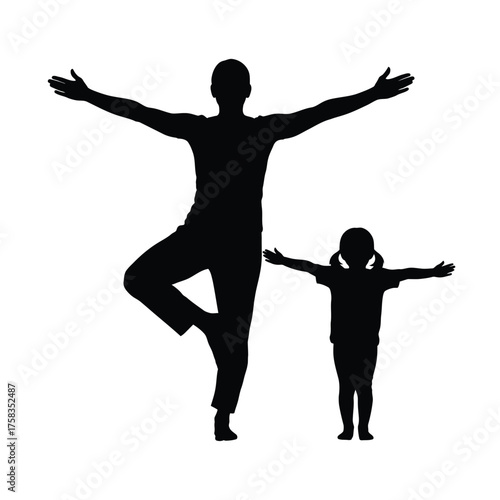 Silhouette of adult and child doing yoga poses with arms outstretched on a white background