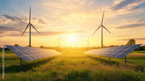 Hybrid renewable energy landscape with wind turbines and solar panels under sunrise light.