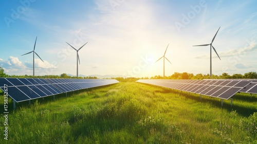 Hybrid renewable energy farm with wind turbines and solar panels under sunlight.