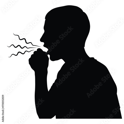 Silhouette of a man coughing with his hand near his mouth and cough waves coming out of mouth