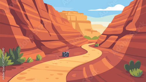 A cartoon canyon landscape with a winding path and a camera in the foreground and blue sky above