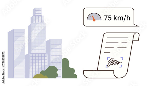 Skyscrapers with greenery, speed monitoring gauge, and signed document scroll. Ideal for urban planning, traffic monitoring, legality, technology, innovation, data analysis simple flat metaphor