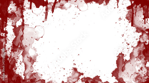 Bloody Watercolor Splatter Frame on White Background – Halloween Horror Design With Copy Space. Red watercolor splashes and dripping stains resembling blood splatter on a white background. 