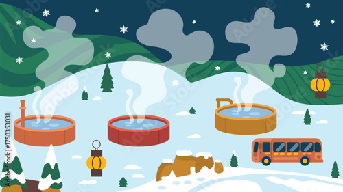 Cartoon winter scene with hot tubs steam snowflakes mountains and a bus in a snowy landscape view