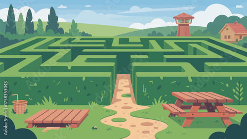 Illustration of a green hedge maze with a picnic table and a lookout tower in the distance