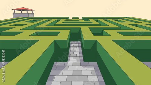 Illustration of a green maze with a tower and a stone path leading into the center of the maze