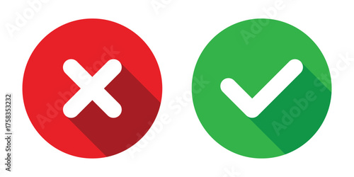 Correct and wrong icons signs, flat round buttons. green and red colors tick and cross icons. Correct and wrong symbol stickers. Vector illustration.