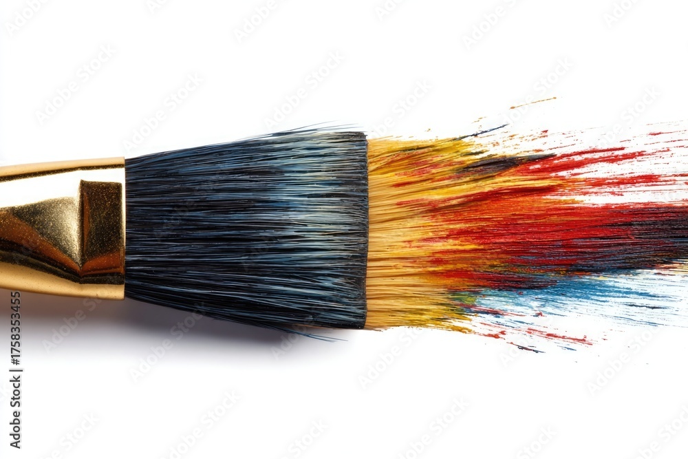Fototapeta premium Paintbrush dripping colorful paint onto white paper creating art