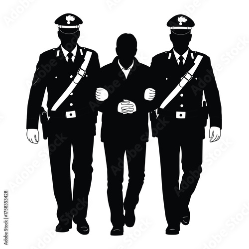 Silhouette illustration of two police officers escorting a man in handcuffs in black and white