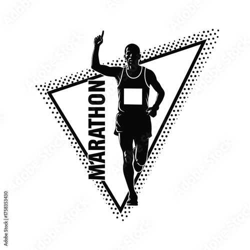 Silhouette of a marathon runner raising his finger with a triangle and the word marathon
