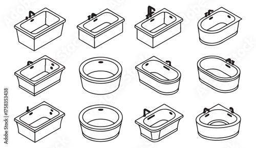 Set of black line bathtub icons representing home bathroom design, sanitation, and interior concept illustration