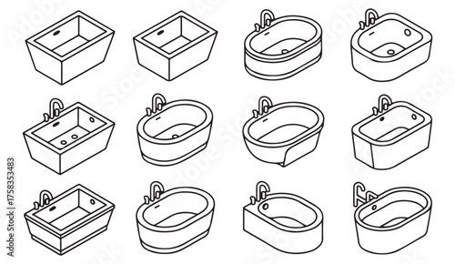 Minimalist linear vector icons of bathtubs and bathroom elements for home decor, hygiene, and plumbing design themes