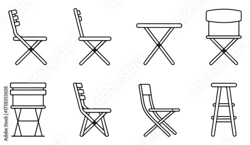 Vector line icon pack showing different chair and table furniture styles for modern home and lifestyle design themes