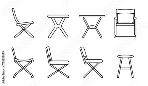 Linear vector icons of chairs and tables showing modern and classic furniture designs for home and decor projects