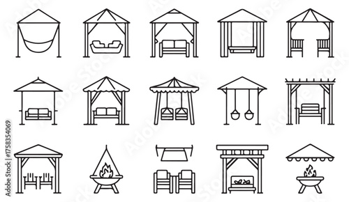 Modern outline vector illustrations of gazebo and swing designs for patio, terrace, and outdoor architecture themes