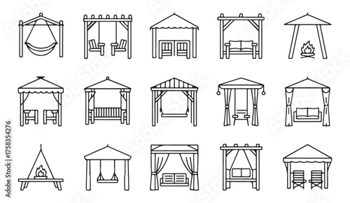 Set of linear gazebo and outdoor lounge icons representing garden structures, benches, and canopy furniture