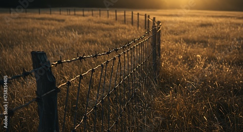 Barbed wire fence in a golden field against a sunset sky background