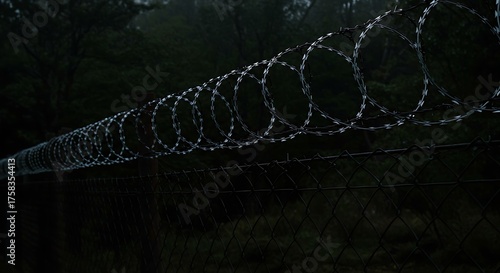 Barbed wire fence spiraling with dark background security and protection