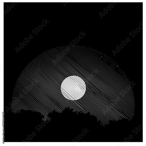Minimalist Monochromatic Sunset/Moonrise Over Silhouette with Diagonal Line Art Hatching
