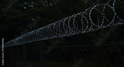 Barbed wire security fence with dark background