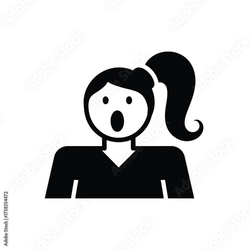 A black and white graphic of a woman with a ponytail and a surprised expression on her face silhouette