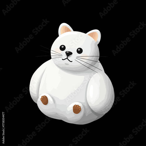 Cute Round White Plush Cat Character Illustration on Black Background