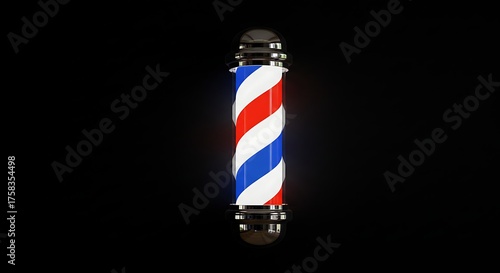 Barber shop pole with red white and blue stripes isolated on black background