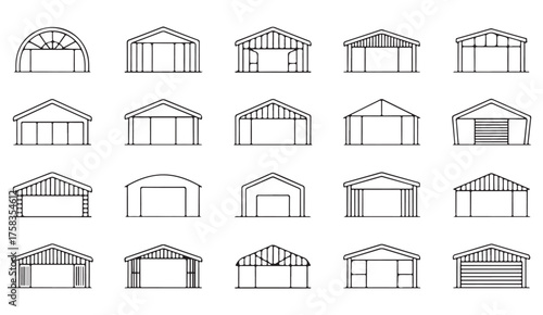 Set of outline icons featuring garage fronts and warehouse facades in clean black linear architectural style