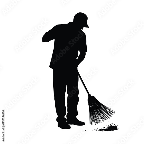 Silhouette of a person wearing a cap and holding a broom while sweeping on a white background