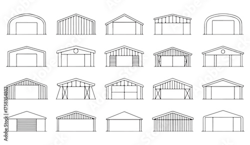 Minimalist line icons of garages, warehouses, and storage buildings for construction, real estate, and architecture use