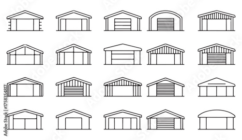 Outline garage and warehouse icon set showing various building styles, doors, and roof types in linear vector design