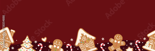 Seamless border with gingerbread men and houses, candy canes and snowflakes on red background. Festive Christmas design for packaging, textile and seasonal decoration.