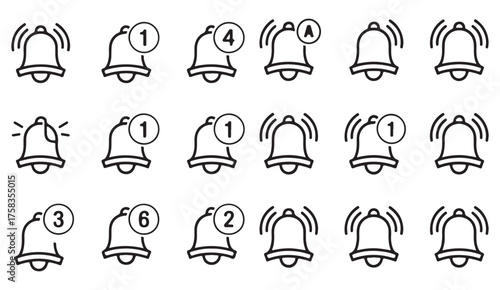 Minimalist black line vector icons of notification bells representing alerts, reminders, and app messages