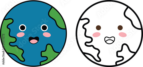 Cute cartoon earth planet character with coloring outline for children