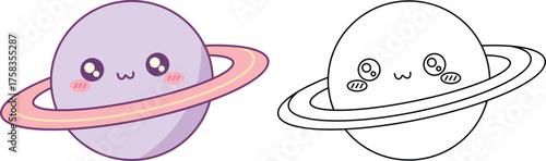 Cute kawaii saturn planet illustration with color and outline versions