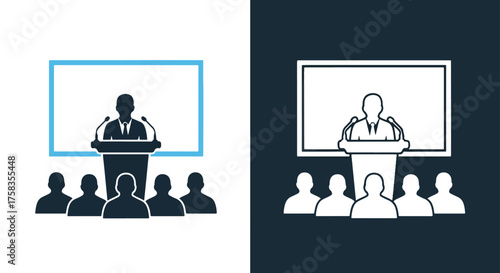 Presentation speaker with audience icons in two styles for digital media and web design -  Glyph solid icon - Editable modern style icon.
